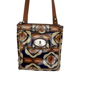 Fossil Key-Per Crossbody Purse Bag Card Organizer Navy Blue Floral PVC Coated